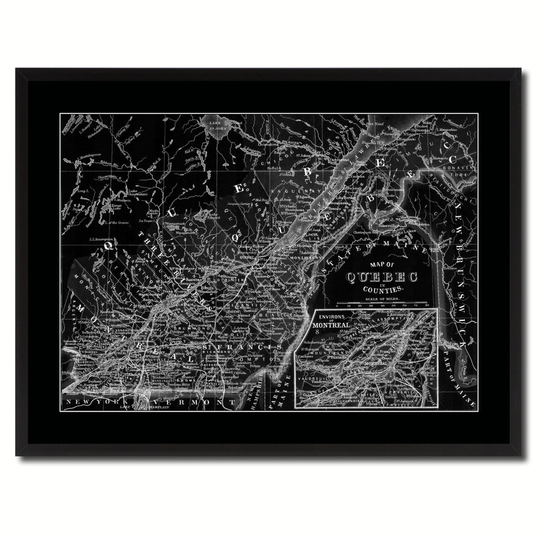 Quebec Montreal Vintage Monochrome Map Canvas Print with Gifts Picture Frame  Wall Art Image 3