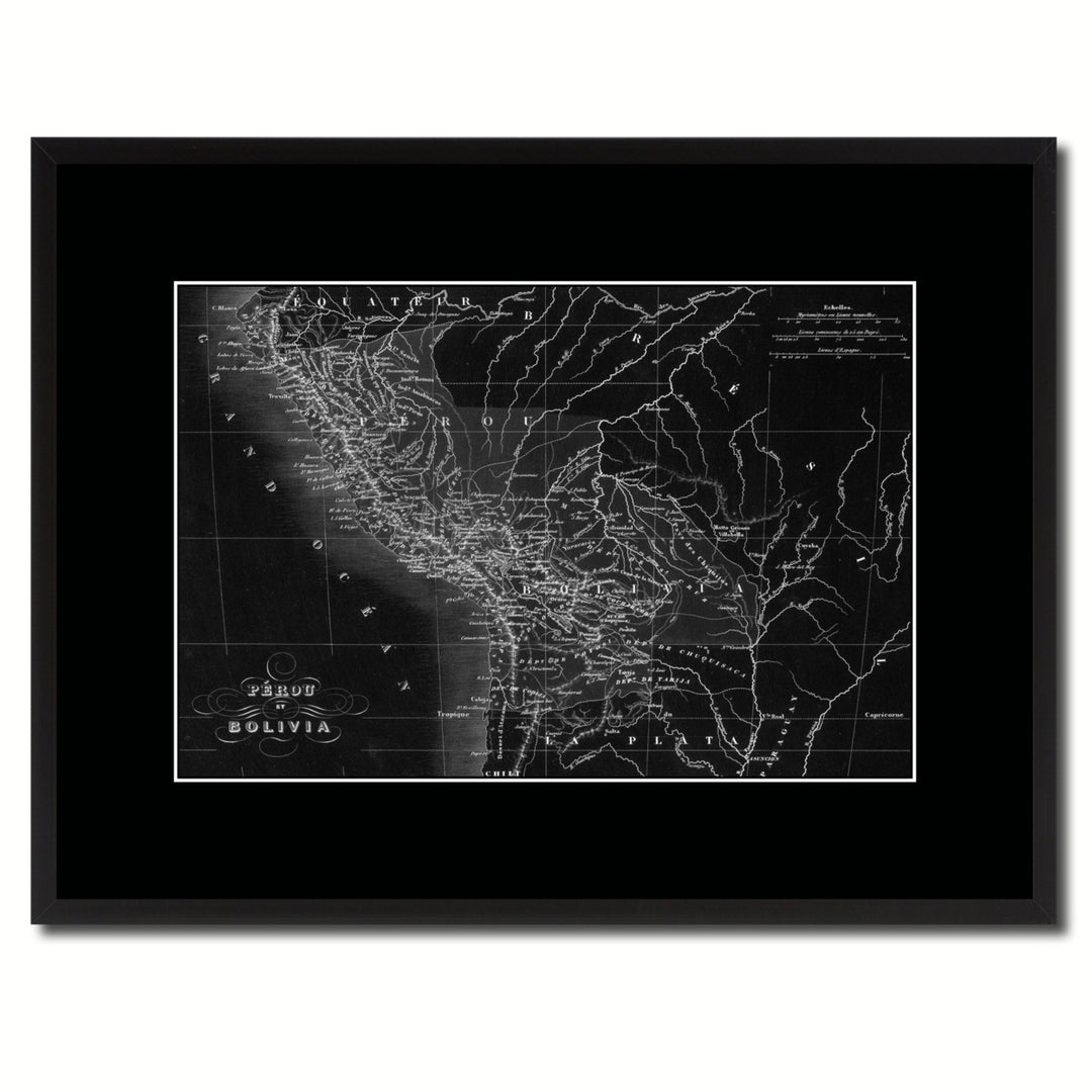 Peru Bolivia Vintage Monochrome Map Canvas Print with Gifts Picture Frame  Wall Art Image 1