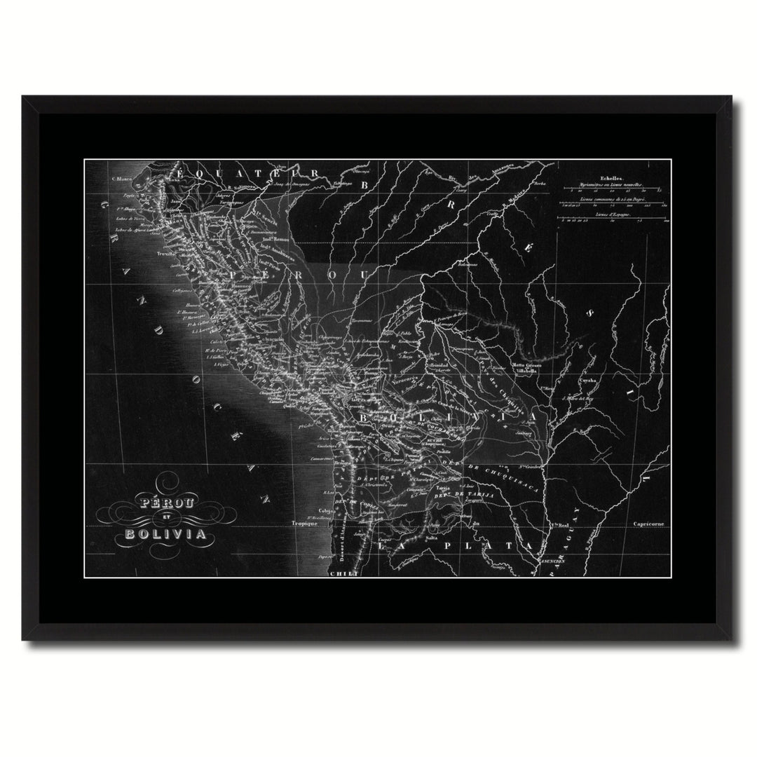 Peru Bolivia Vintage Monochrome Map Canvas Print with Gifts Picture Frame  Wall Art Image 3