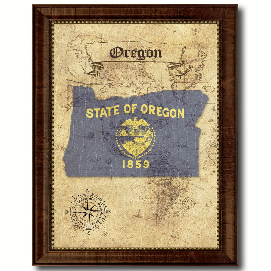 Oregon State Flag  Vintage Map Canvas Print with Picture Frame  Wall Art Decoration Gift Ideas Image 1