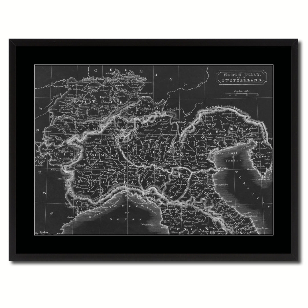 Northern Italy Vintage Monochrome Map Canvas Print with Gifts Picture Frame  Wall Art Image 3