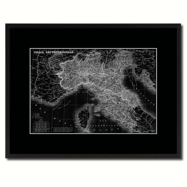 North Italy Vintage Monochrome Map Canvas Print with Gifts Picture Frame  Wall Art Image 1