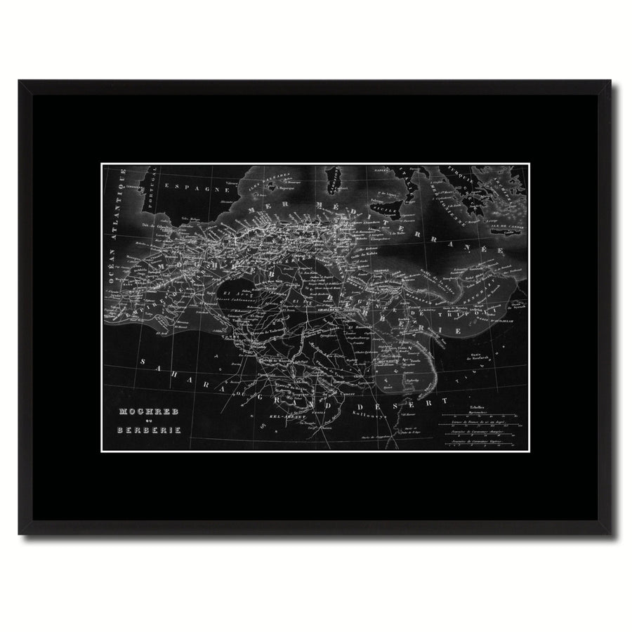 North Africa Barbary Coast Vintage Monochrome Map Canvas Print with Gifts Picture Frame  Wall Art Image 1