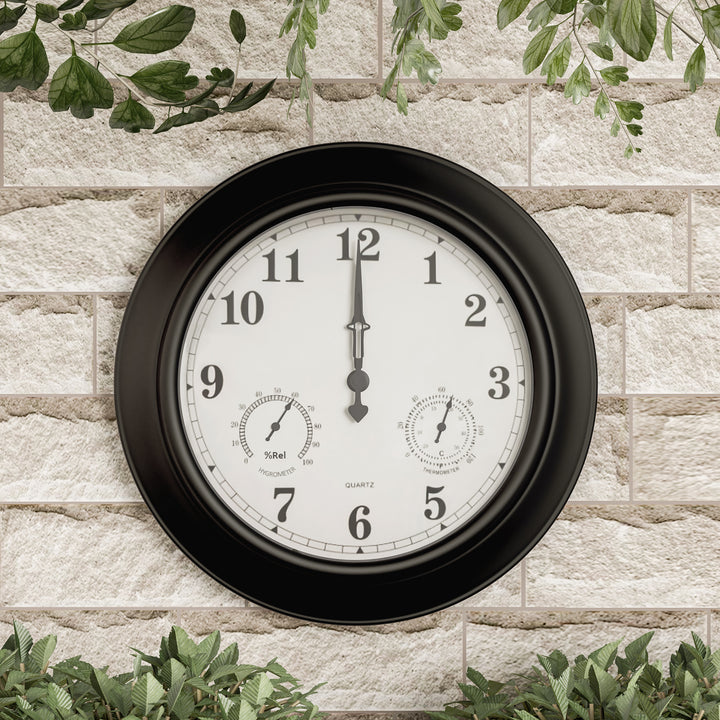 Large Metal 18 Inch Wall Clock with Hygrometer Indoor Outdoor Black Waterproof Image 2