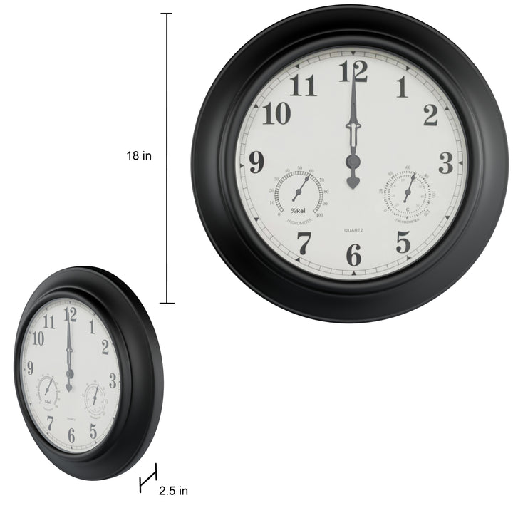 Large Metal 18 Inch Wall Clock with Hygrometer Indoor Outdoor Black Waterproof Image 4