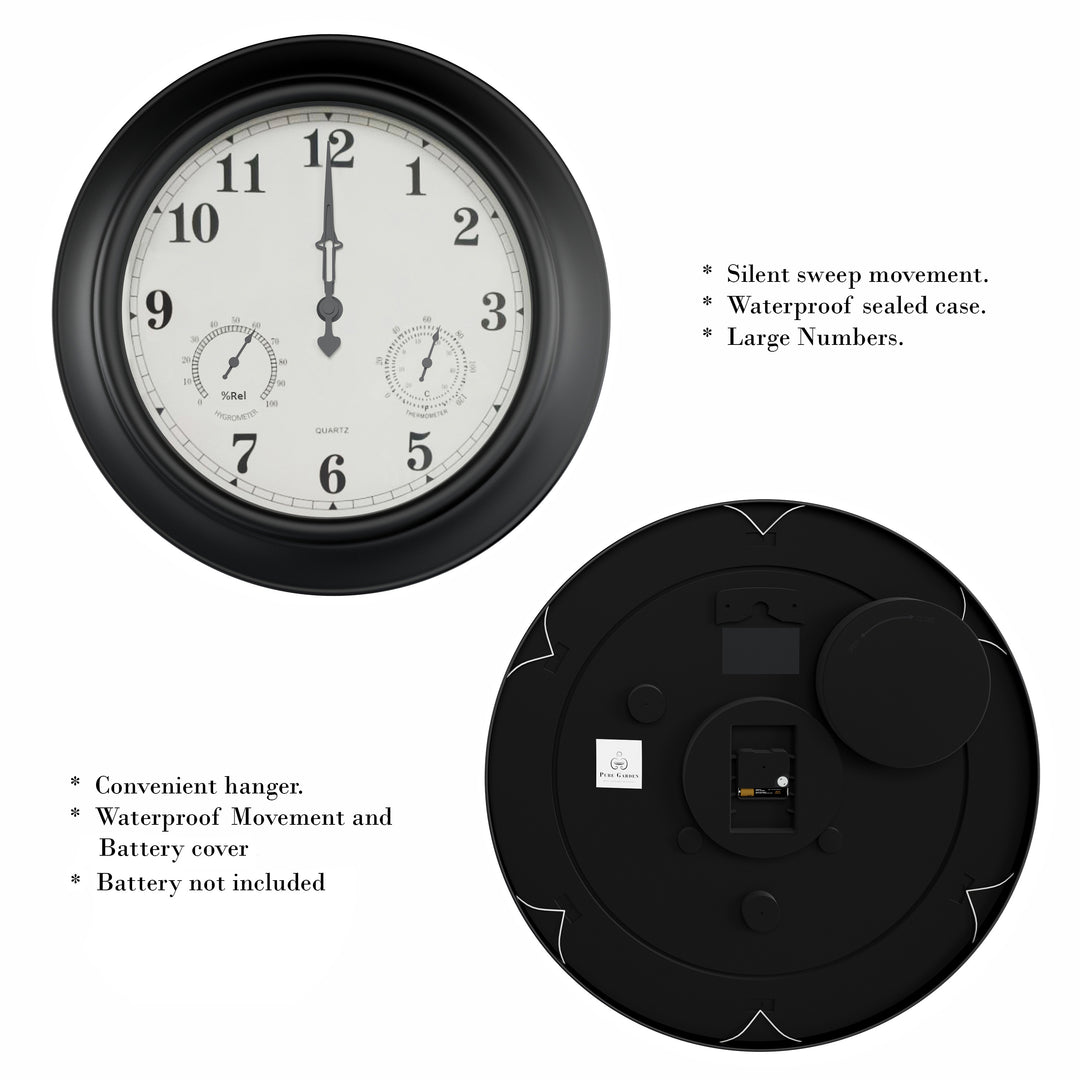 Large Metal 18 Inch Wall Clock with Hygrometer Indoor Outdoor Black Waterproof Image 5