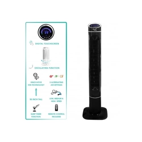 Vie Air 50" Luxury Digital 3 Speed High Velocity Tower Fan with Fresh Air Ionizer and Remote Control in Sleek Black Image 1