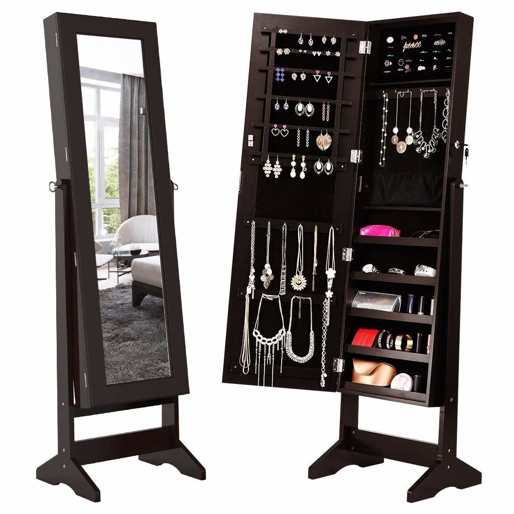 Jewelry Cabinet with Full-Length Mirror, Large Storage Jewelry Armoire Organizer Lockable, Dark Brown Image 1