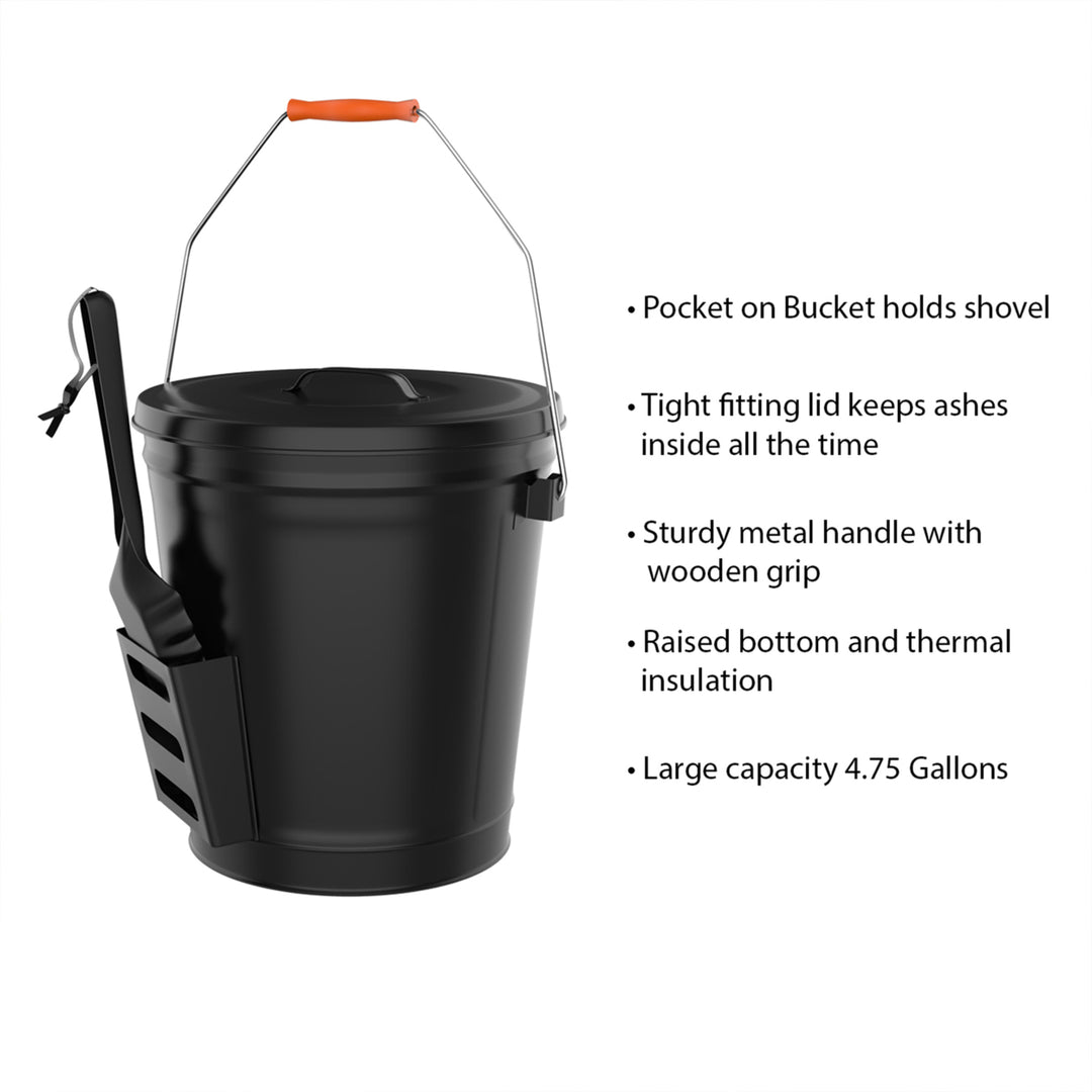 Black Steel Ash Bucket 4.75 Gallon with Lid and Shovel for Fireplace Fire Pit Image 6