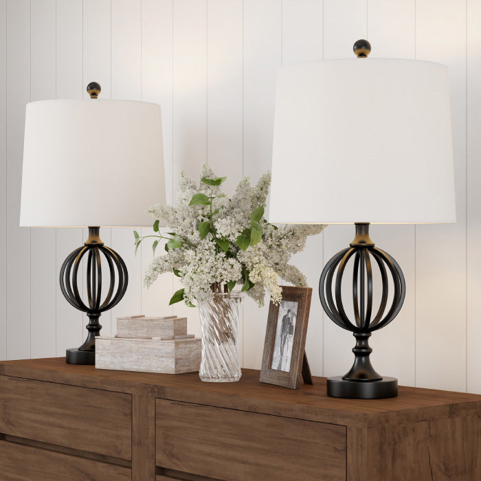 Set of 2 Modern Rustic Table Lamps Matte Black Iron Orb with Ivory Shades Image 1