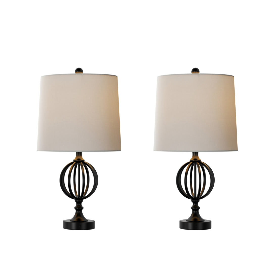 Set of 2 Modern Rustic Table Lamps Matte Black Iron Orb with Ivory Shades Image 3