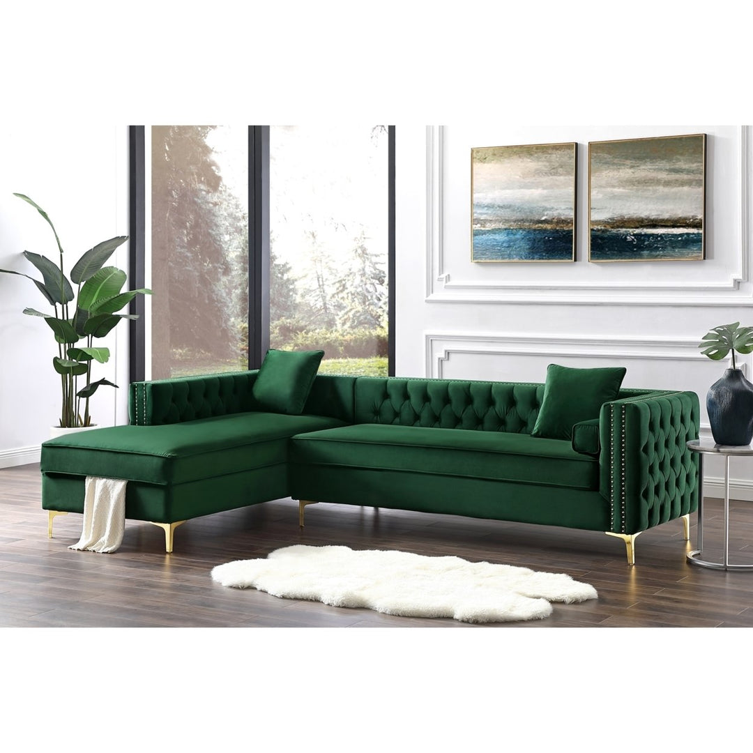 Alison Velvet Chaise Sectional Sofa 115 inch Storage Button Tufted Nailhead Trim Image 7