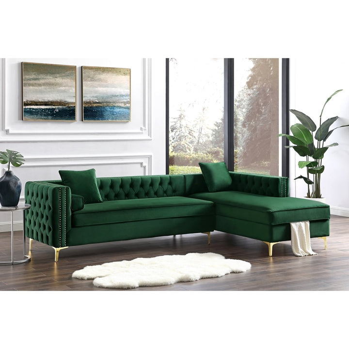 Alison Velvet Chaise Sectional Sofa-115"-Storage-Button Tufted-Nailhead Trim-Inspired Home Image 8