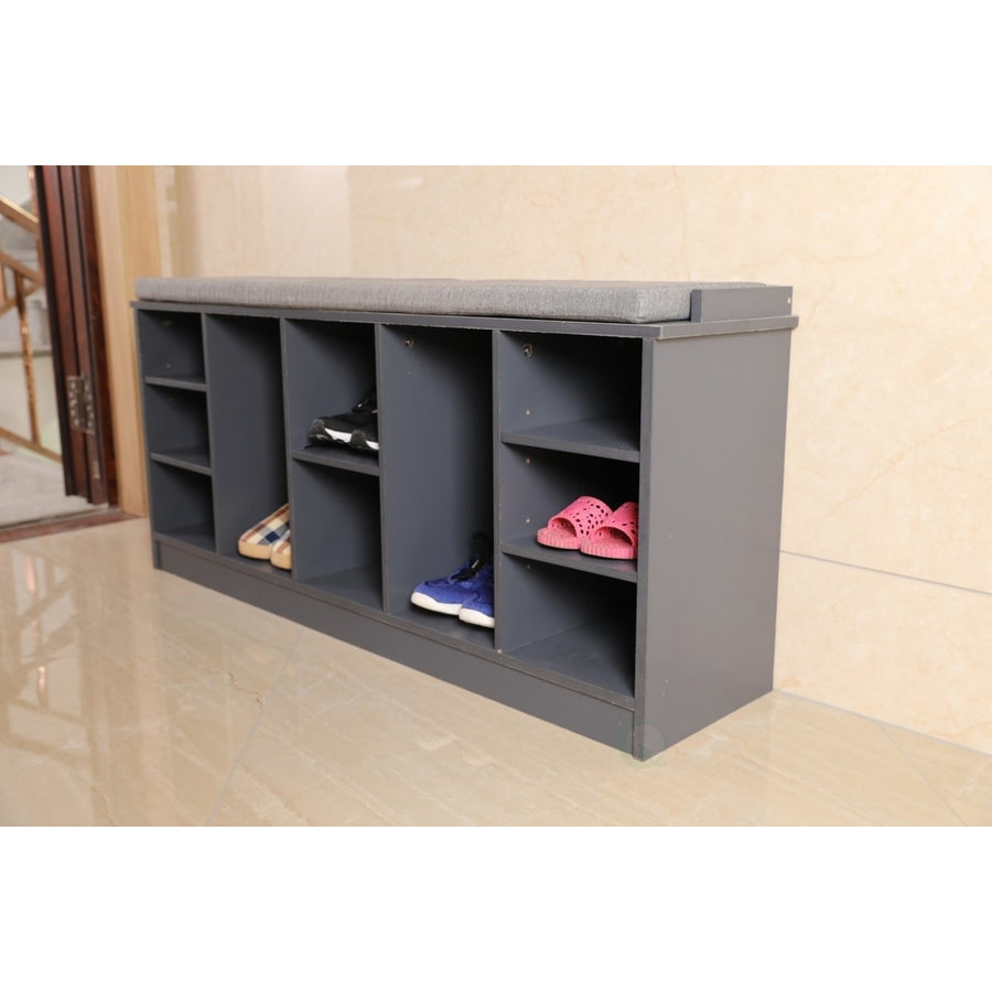 Basicwise Wooden Shoe Cubicle Bench with Cushion 47.25in Entryway Storage Image 1