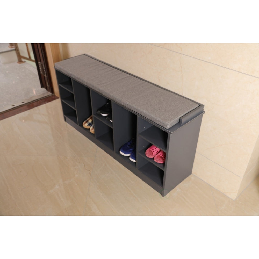 Basicwise Wooden Shoe Cubicle Bench with Cushion 47.25in Entryway Storage Image 2