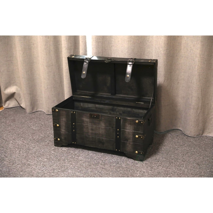 Vintiquewise Distressed Black Wooden Storage Trunk Medium 25.5x12x13.75 Inches Image 1