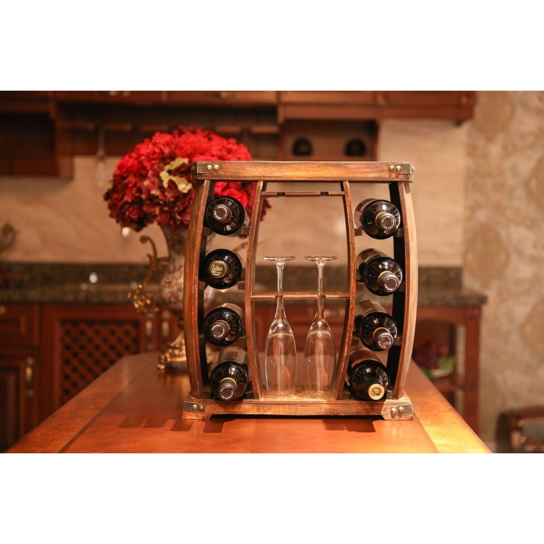 Rustic Wooden Wine Rack with Glass Holder-8 Bottle Decorative Wine Holder Image 3