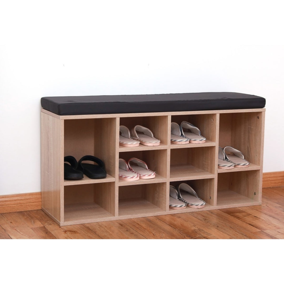 Natural Wooden Shoe Cubicle Storage Entryway Bench with Soft Cushion for Seating Image 2
