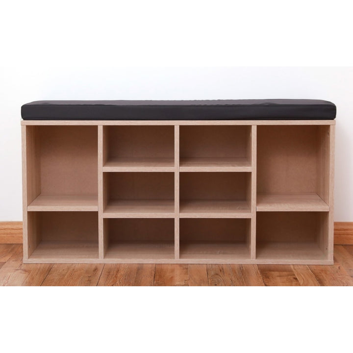 Natural Wooden Shoe Cubicle Storage Entryway Bench with Soft Cushion for Seating Image 3