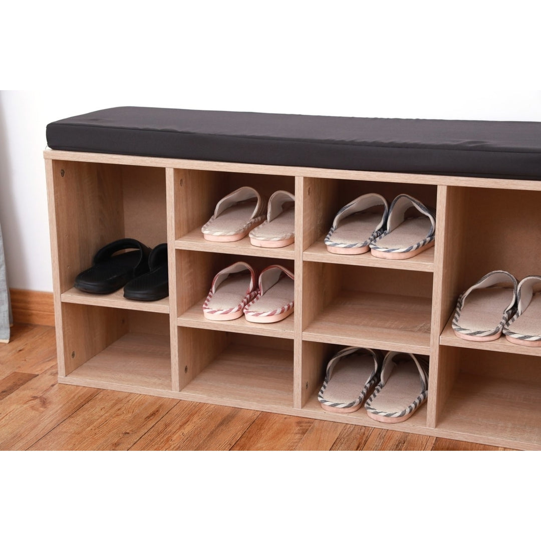Natural Wooden Shoe Cubicle Storage Entryway Bench with Soft Cushion for Seating Image 4