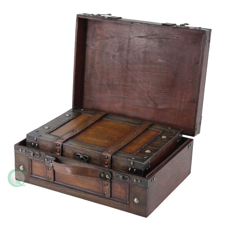 Wooden Vintage Luggage Trunks Set of 2 Antique Suitcase Storage Box Brown Image 1