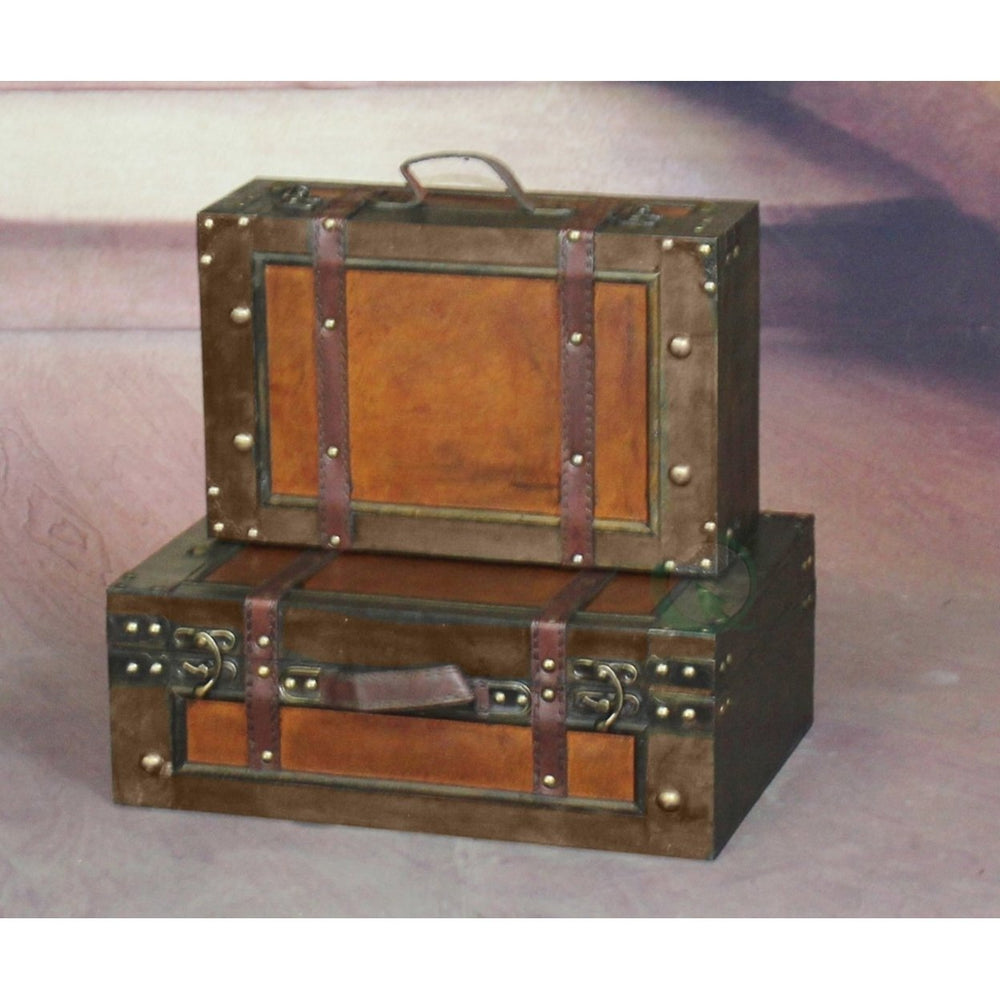 Wooden Vintage Luggage Trunks Set of 2 Antique Suitcase Storage Box Brown Image 2