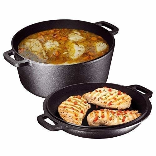 Heavy Duty Pre-Seasoned 2 In 1 Cast Iron Double Dutch Oven and Domed Skillet Lid Non-Stick, 5-Quart (Pre-Seasoned) Image 1