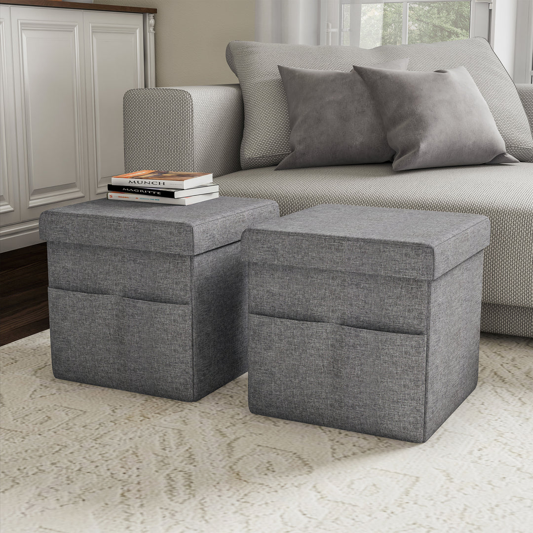 Folding Storage Ottoman Set of 2 Charcoal Gray Foot Stool with Pockets 15x15 In Image 1