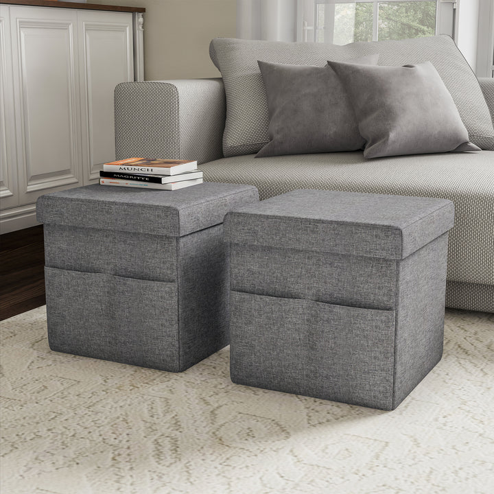 Folding Storage Ottoman Set of 2 Charcoal Gray Foot Stool with Pockets 15x15 In Image 1