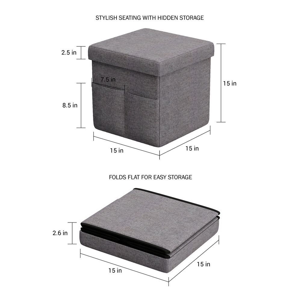 Folding Storage Ottoman Set of 2 Charcoal Gray Foot Stool with Pockets 15x15 In Image 2