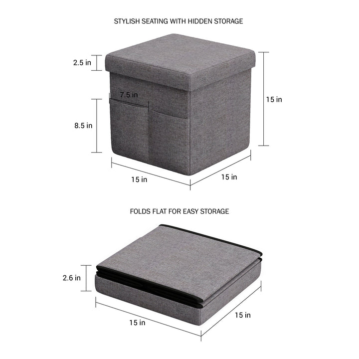 Set of 2 Foot Stool Storage Ottoman Seats Folding with Lids 15 x 15 In with Pockets Image 2