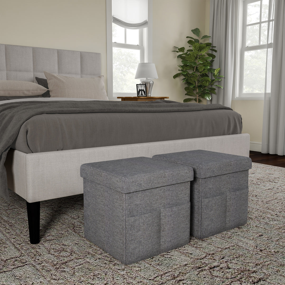 Folding Storage Ottoman Set of 2 Charcoal Gray Foot Stool with Pockets 15x15 In Image 4