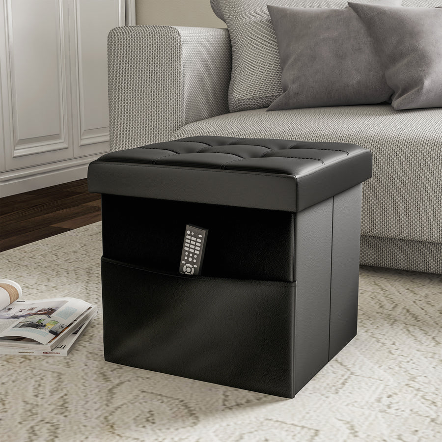 Faux Leather Folding Storage Ottoman 15 Inch Cube with Lid and Pocket Image 1