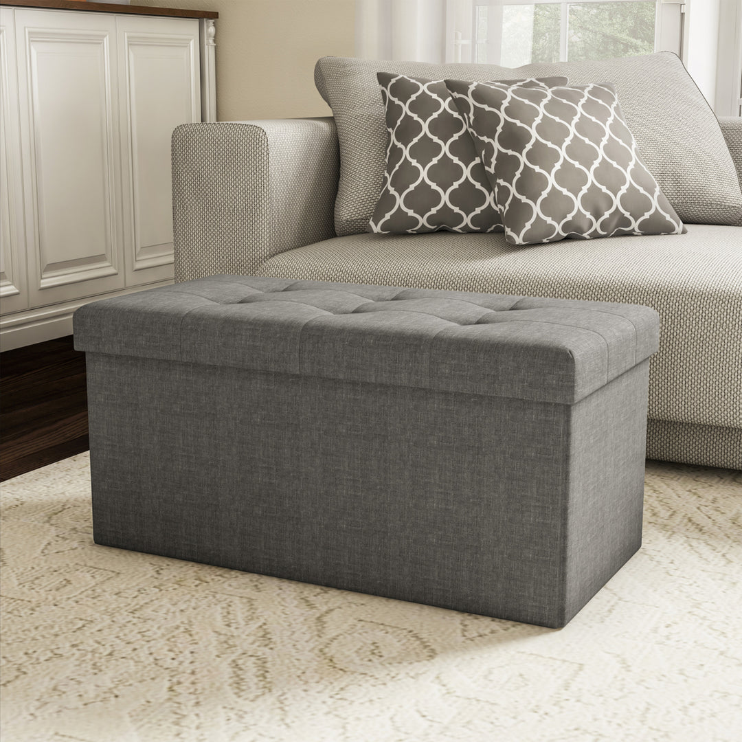 Large Gray Folding Ottoman Bench Storage Tufted Lid 30x15x15 for Seat or Feet Image 1