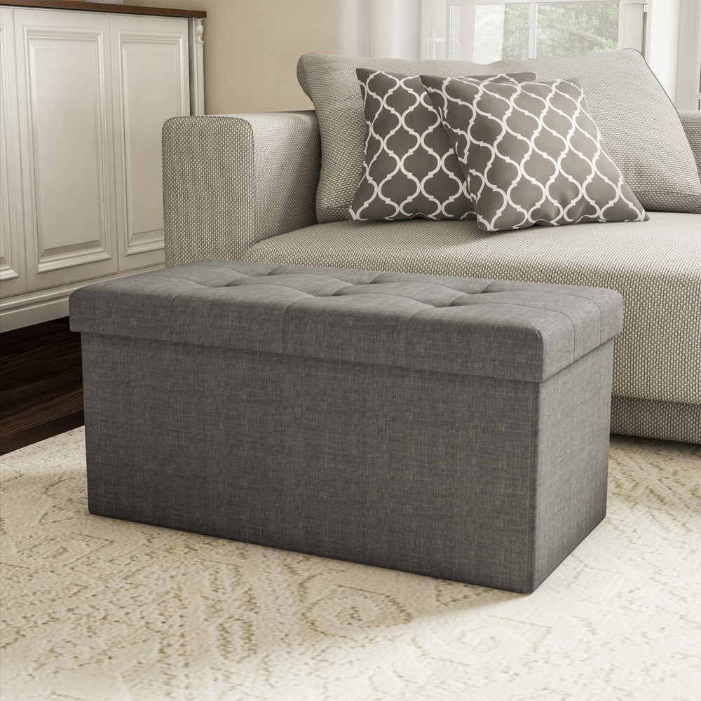 Large Gray Folding Ottoman Bench Storage Tufted Lid 30x15x15 for Seat or Feet Image 2