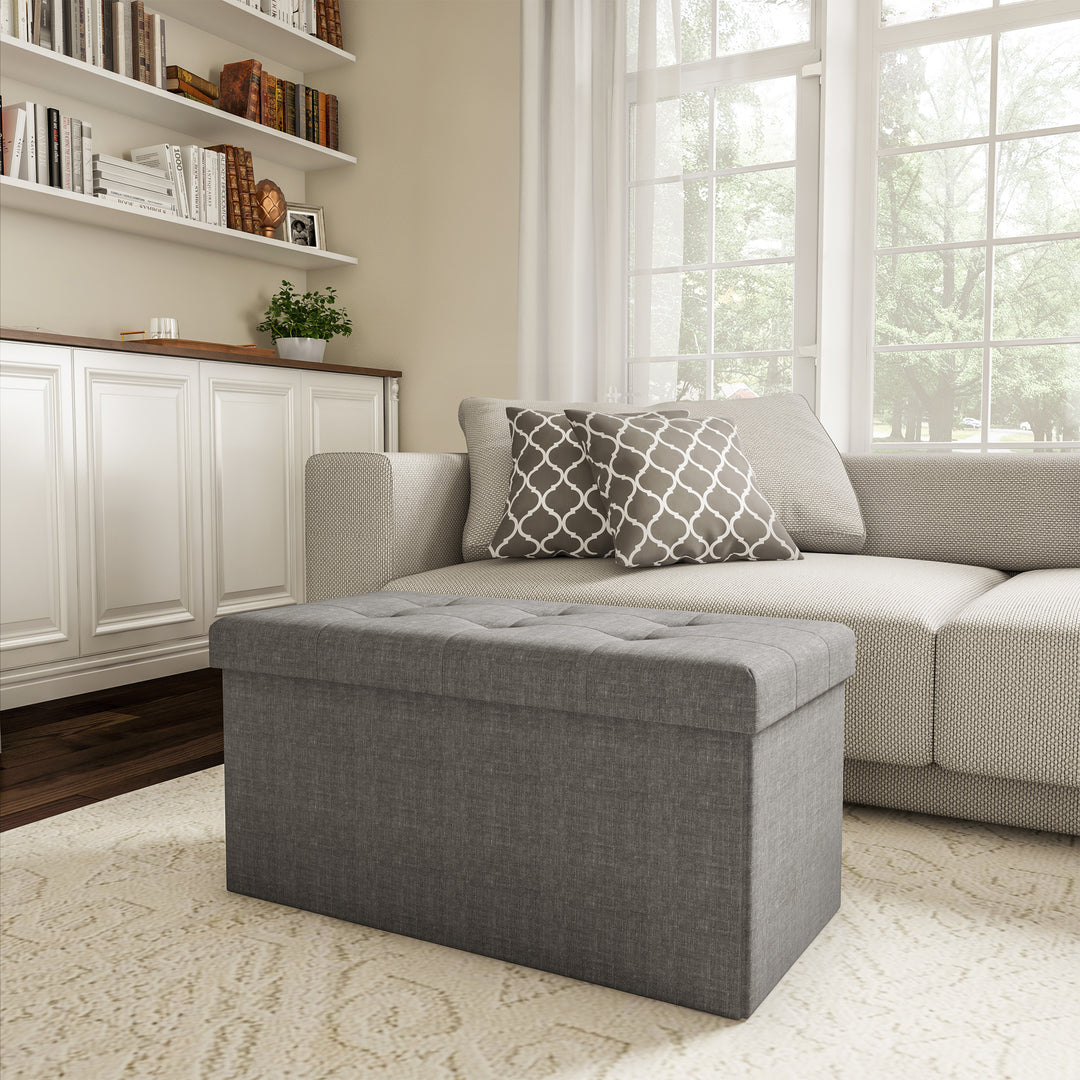 Large Gray Folding Ottoman Bench Storage Tufted Lid 30x15x15 for Seat or Feet Image 3