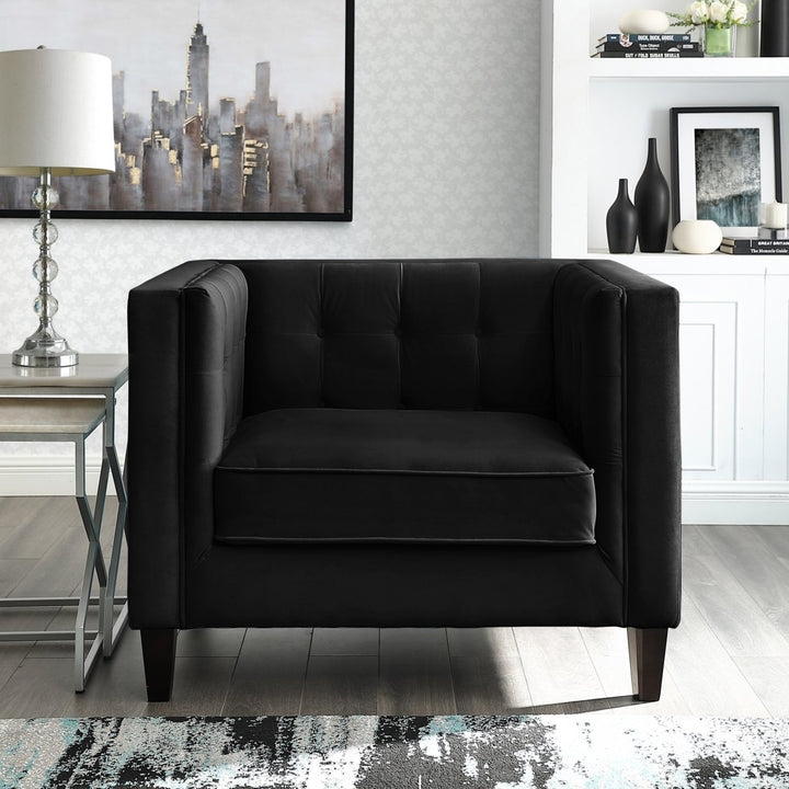 Pax Velvet Button Tufted Club Chair-Espresso Tapered Legs-Square Arms-By Inspired Home Image 2