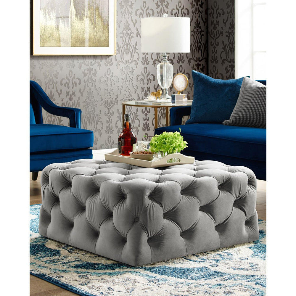 Inspired Home Velvet Linen Cocktail Ottoman 33x33 Tufted Square Castered Legs Image 2