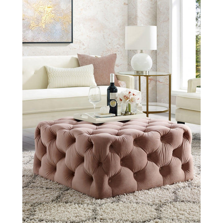 Inspired Home Velvet Linen Cocktail Ottoman 33x33 Tufted Square Castered Legs Image 1