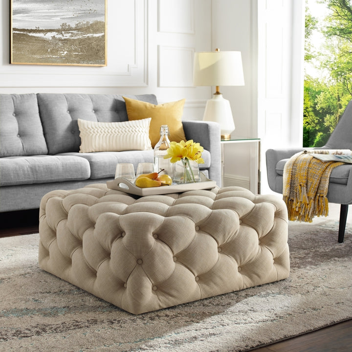 Mauricio Velvet or Linen Cocktail Ottoman-Allover Tufted-Square-Castered Legs-By Inspired Home Image 4