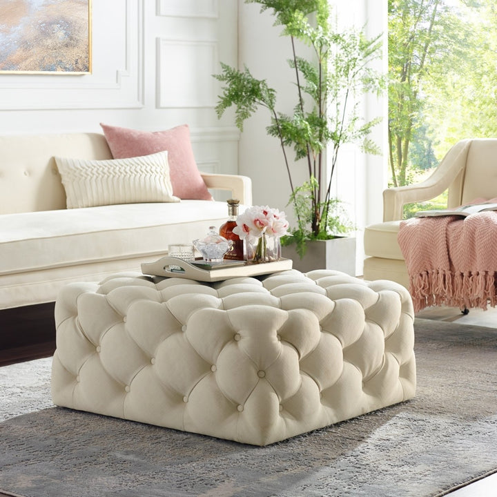 Mauricio Velvet or Linen Cocktail Ottoman-Allover Tufted-Square-Castered Legs-By Inspired Home Image 1