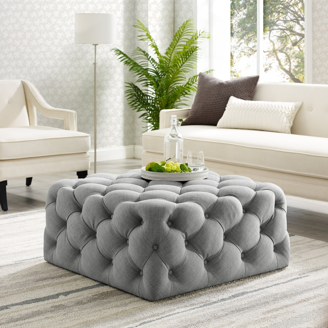 Inspired Home Velvet Linen Cocktail Ottoman 33x33 Tufted Square Castered Legs Image 5