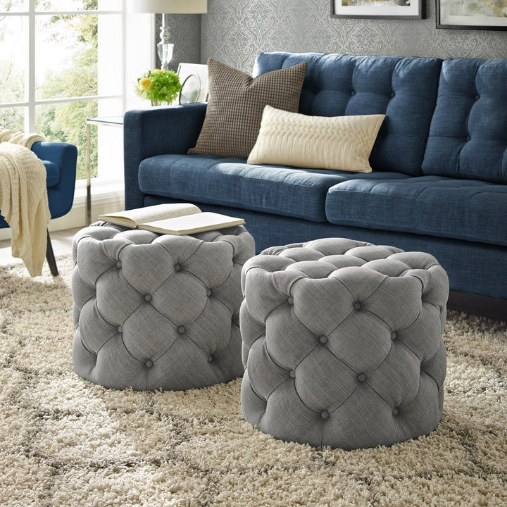 Darlenis Velvet or Linen Ottoman-1 Pc-Tufted Round Ottoman Image 1