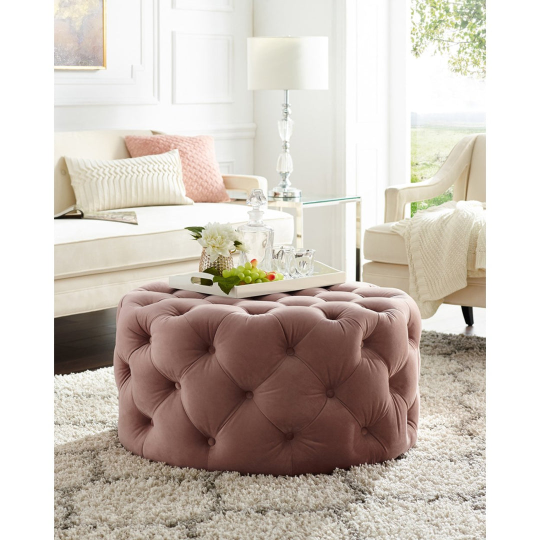 Inspired Home Round Cocktail Ottoman Velvet Linen Diamond Tufted 33in Castered Legs Image 1