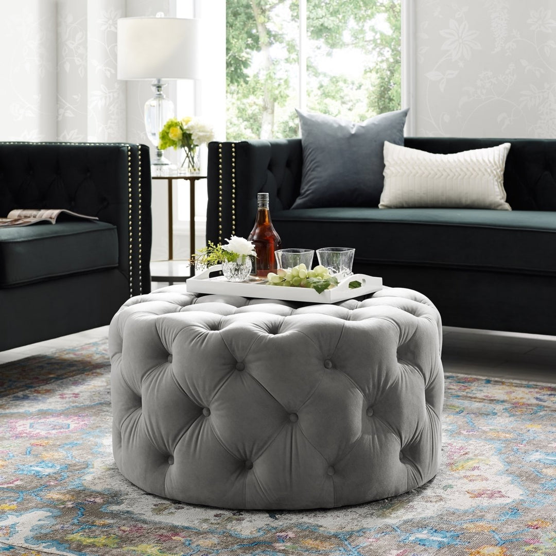 Inspired Home Round Cocktail Ottoman Velvet Linen Diamond Tufted 33in Castered Legs Image 2