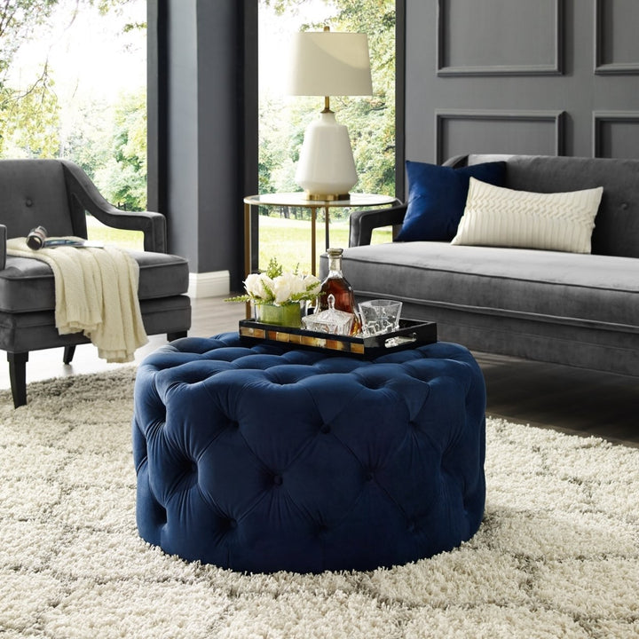 Desiree Velvet or Linen Cocktail Ottoman-Allover Tufted-Round-Castered Legs-By Inspired Home Image 1