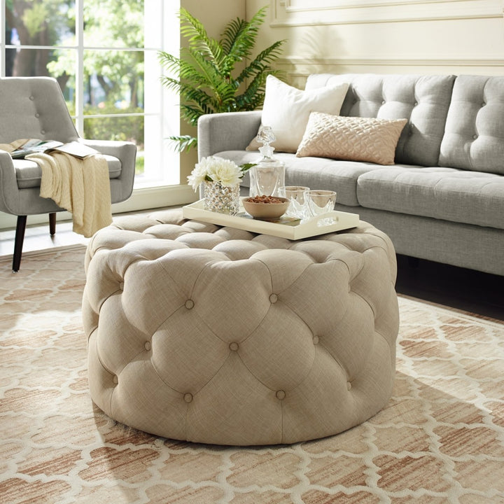 Inspired Home Round Cocktail Ottoman Velvet Linen Diamond Tufted 33in Castered Legs Image 3