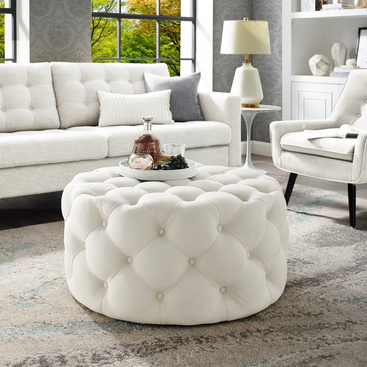 Inspired Home Round Cocktail Ottoman Velvet Linen Diamond Tufted 33in Castered Legs Image 4