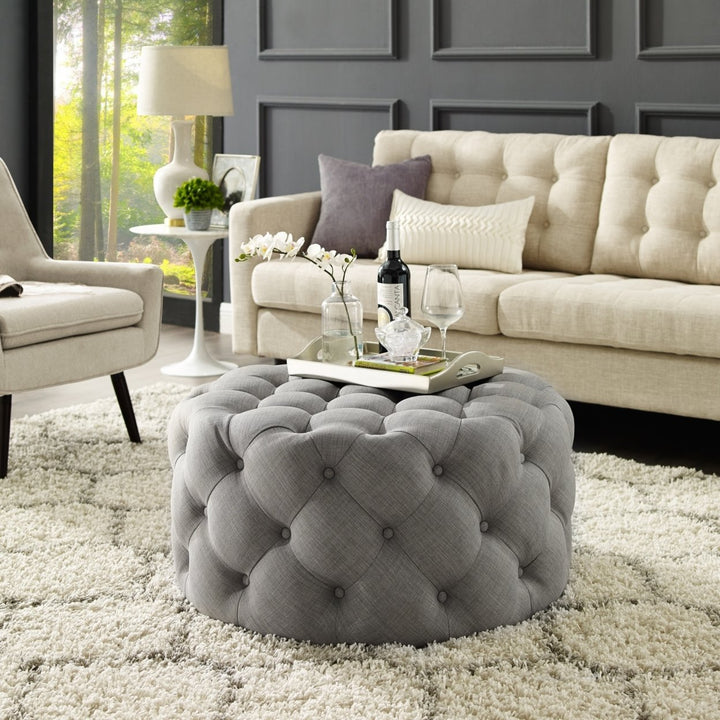 Inspired Home Round Cocktail Ottoman Velvet Linen Diamond Tufted 33in Castered Legs Image 5