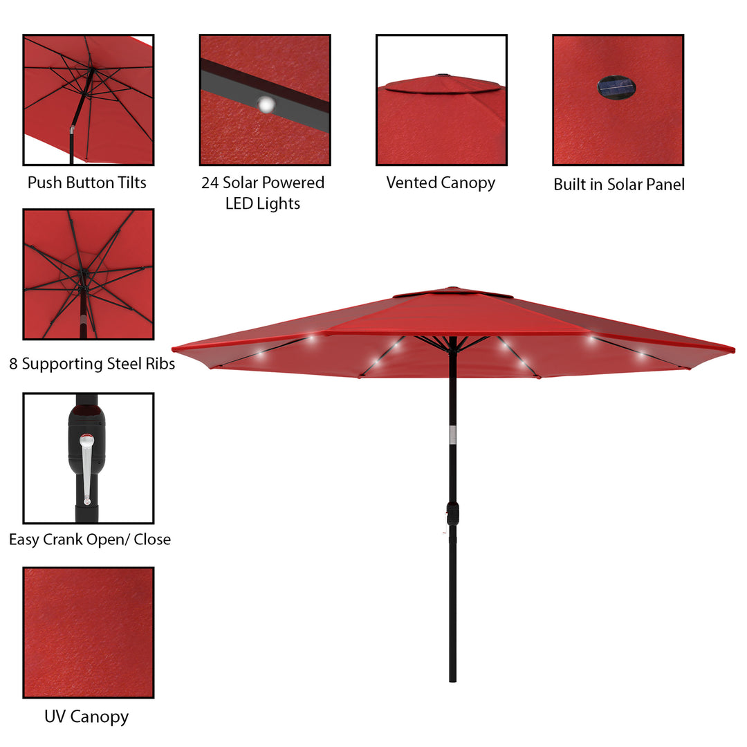 10 Foot Shade Canopy Umbrella Tilt Crank Solar 24 LED Lights Lighted 8 Foot Metal Pole Image 5